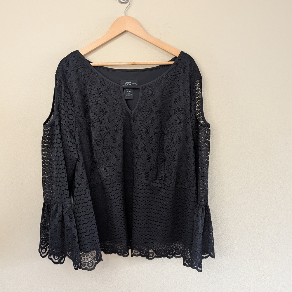 Midnight Velvet Lace Cold Shoulder Top‎ Womens 3X Black Bell Sleeve Blouse